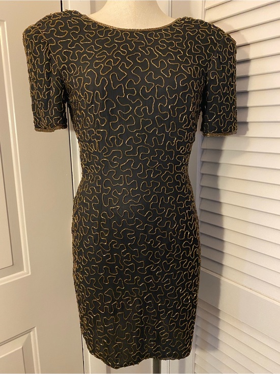Joan Leslie Dresses & Skirts - Vintage 80’s “Joan Leslie” Black Silk w/ Gold Beading Cocktail Dress- Size 4P
